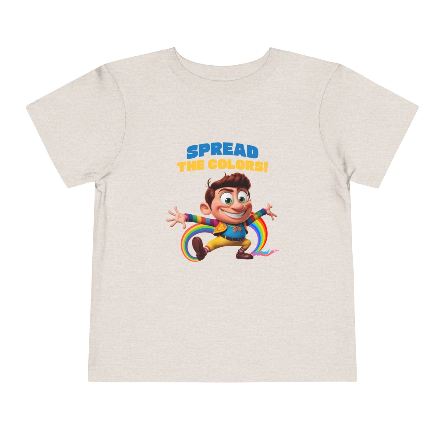 Cartoon boy jumping with rainbow trail and "Spread the Colors!" text on heather dust T-shirt.

