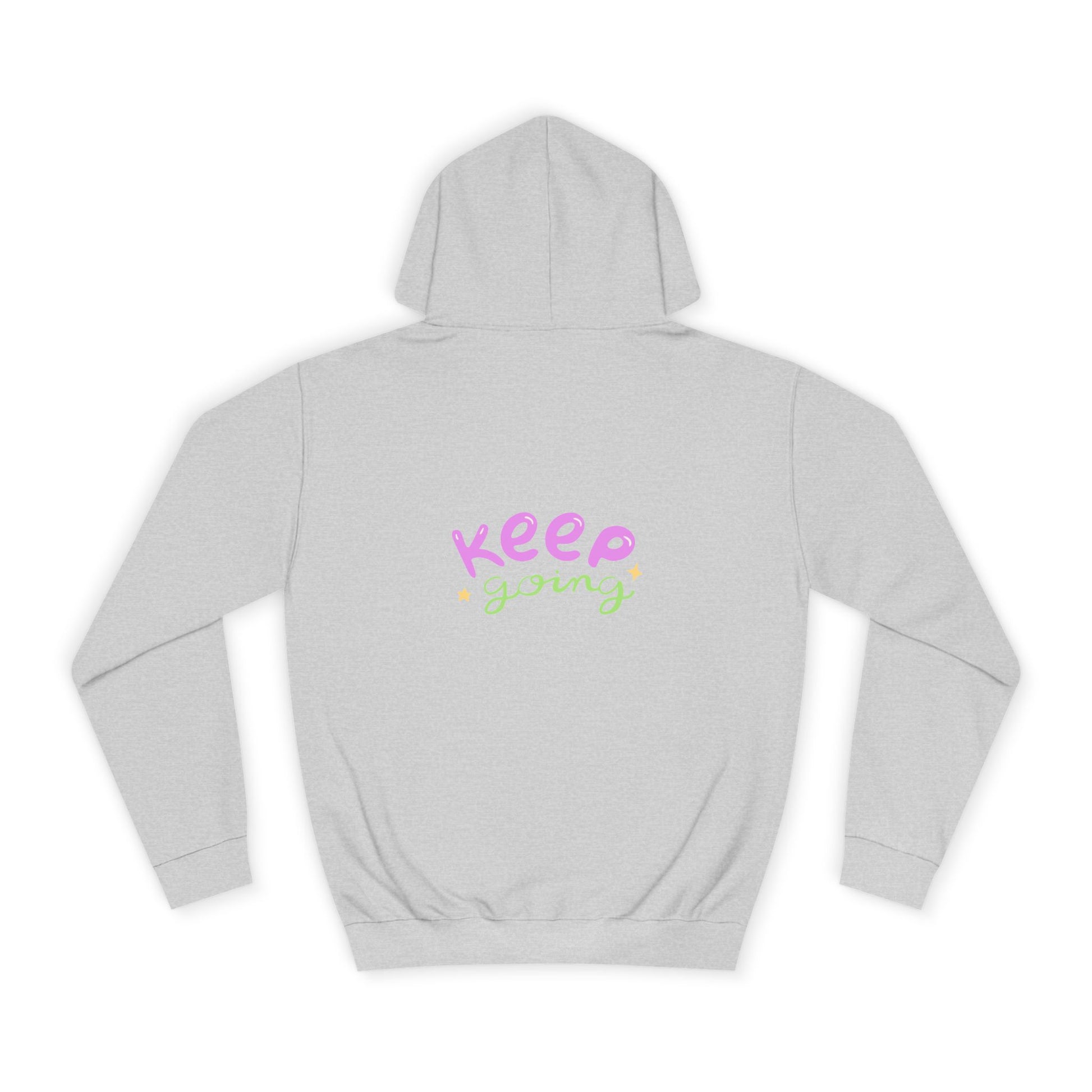 Gray hoodie with 'Keep Going' text on a white background