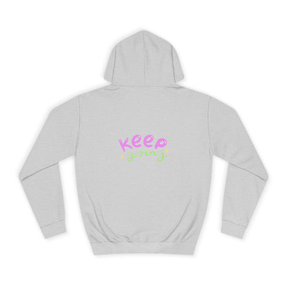 Gray hoodie with 'Keep Going' text on a white background