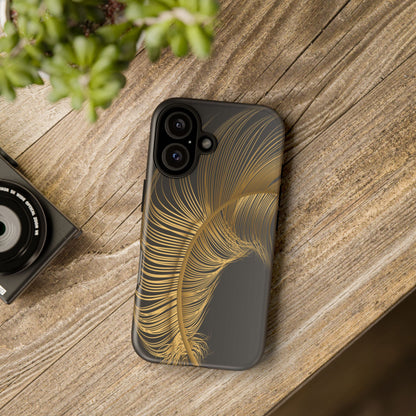 Phone case with gold feather design on black background