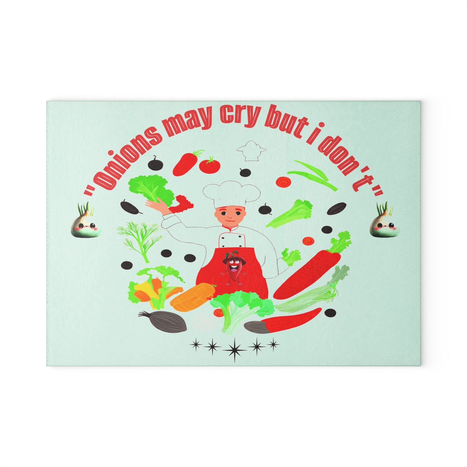 Colorful illustration of a chef surrounded by vegetables with text on a light green background