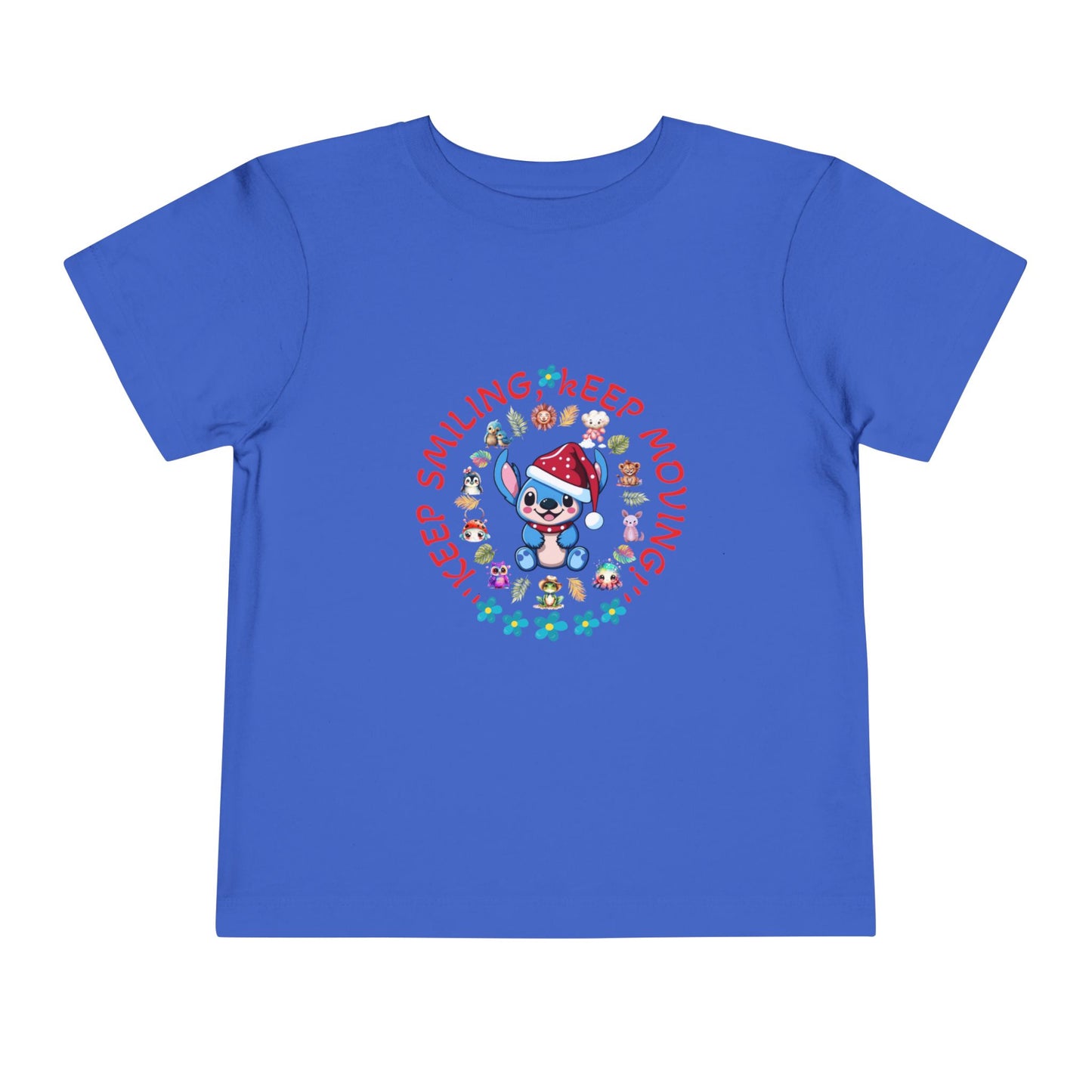 Toddler t-shirt with a cute dog illustration and motivational quote "Keep Smiling Keep Moving" printed in the center.
