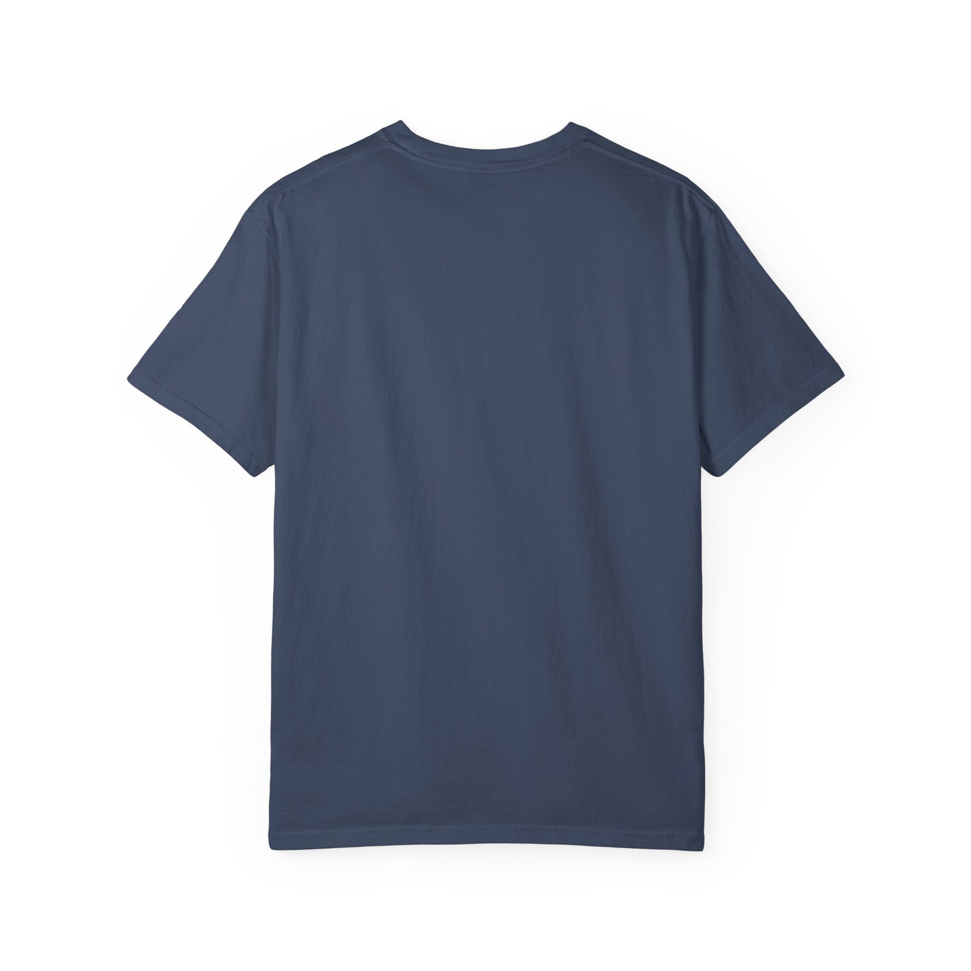Rear view of plain back side garment-dyed t-shirt