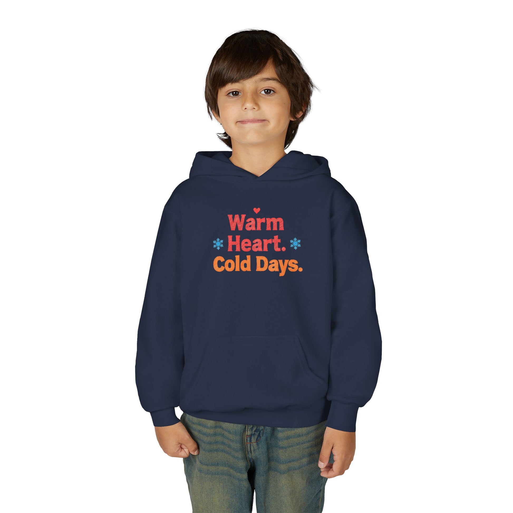 Child wearing a navy blue hoodie with text on a white background