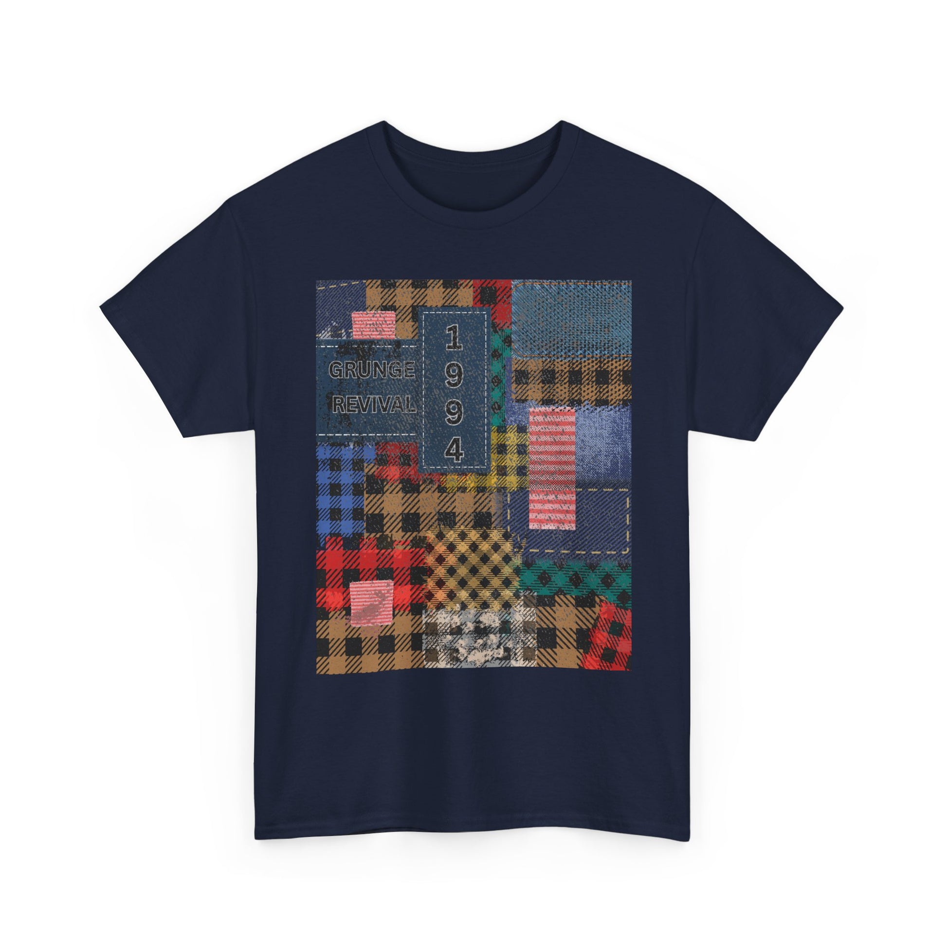 Navy blue t-shirt with a colorful patchwork design on a white background