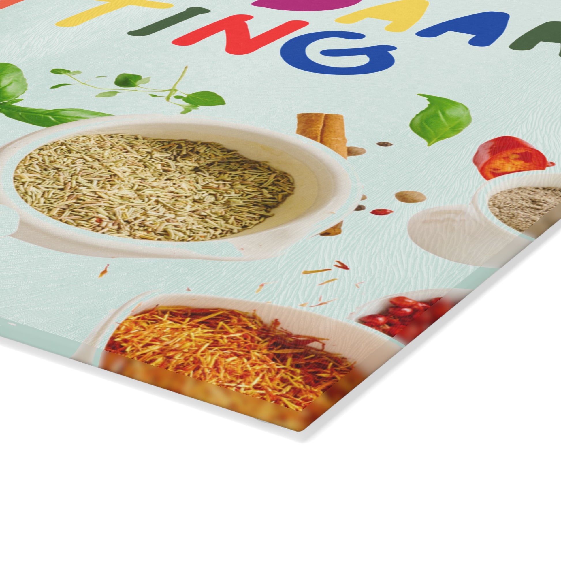 Tempered glass cutting board with desi quote “Masale Daar Cutting” surrounded by colorful Indian spice illustrations.