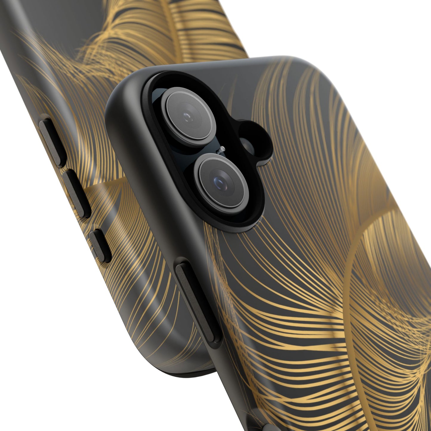 Phone case with gold feather design on black background