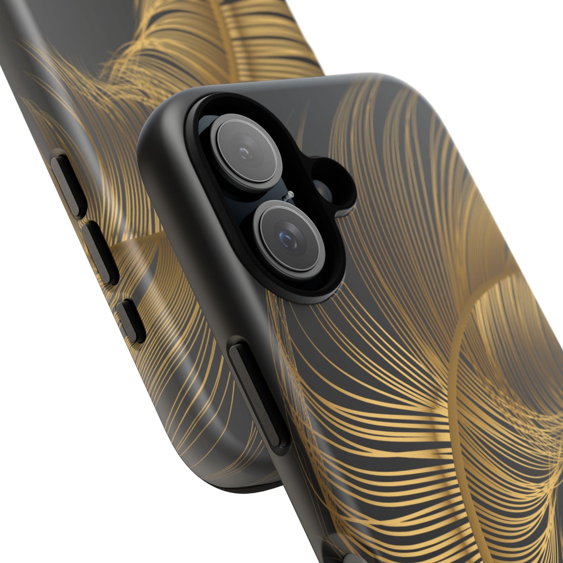 Phone case with gold feather design on black background