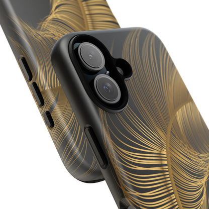 Phone case with gold feather design on black background