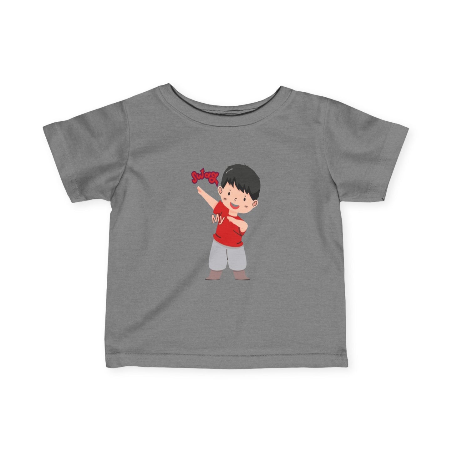 Baby wearing granite heather fine jersey tee with soft cotton fabric

