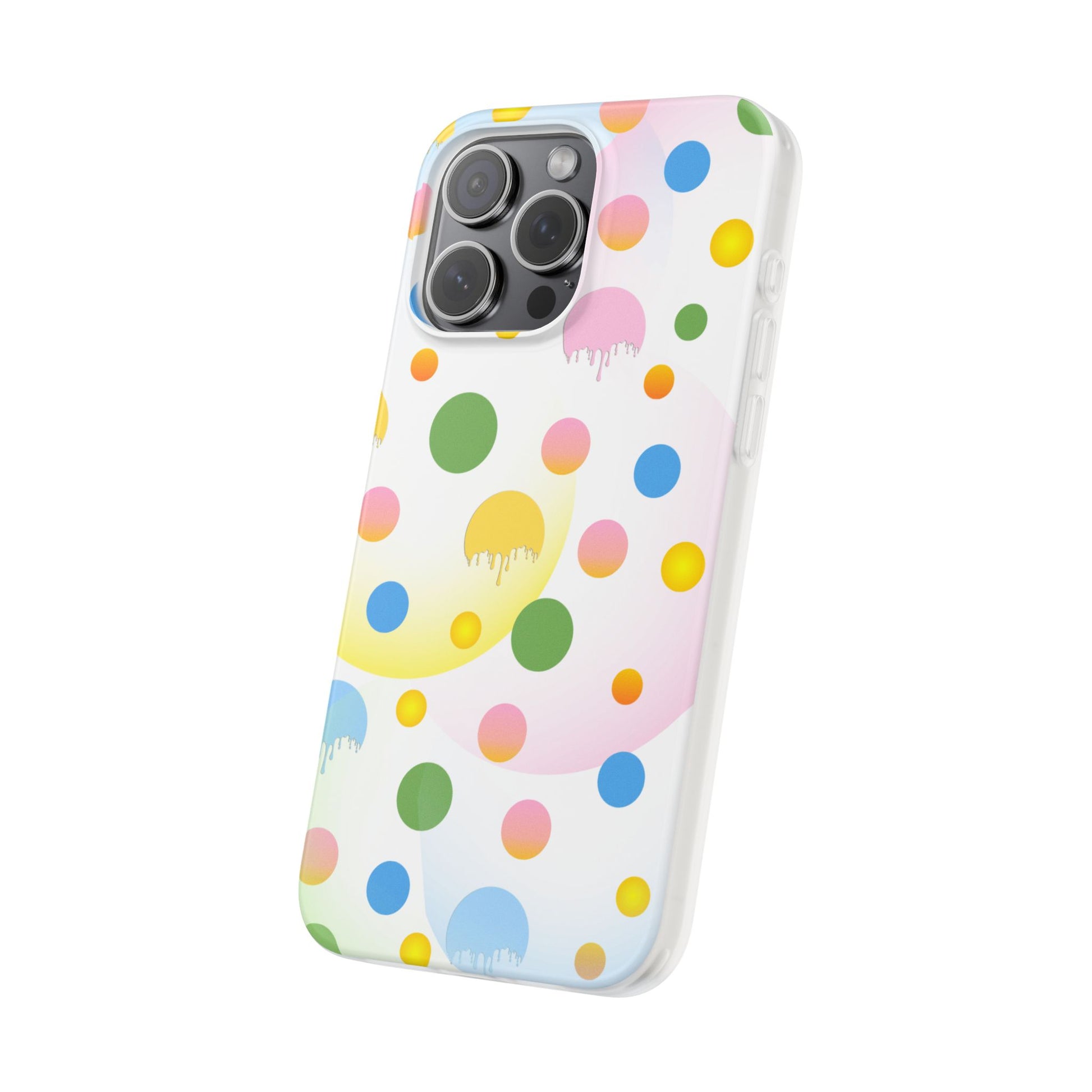 Phone case with colorful polka dot pattern on a white background