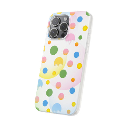 Phone case with colorful polka dot pattern on a white background