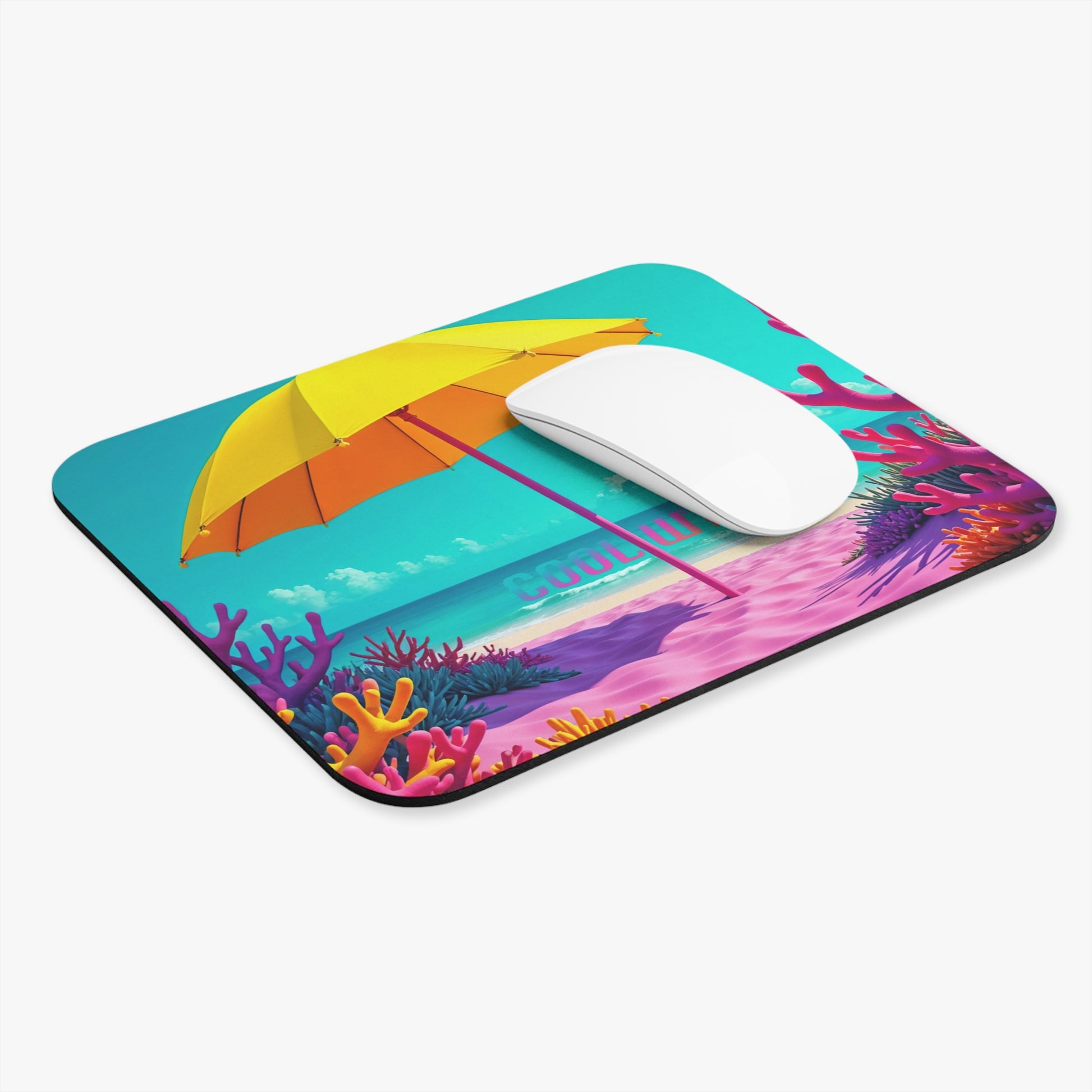 Mouse pad with tropical design featuring a yellow and orange umbrella on a blue background.