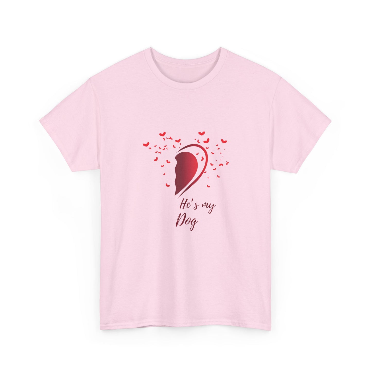 Pink t-shirt with a graphic of a dog's head and text 'He's my dog' on a white background