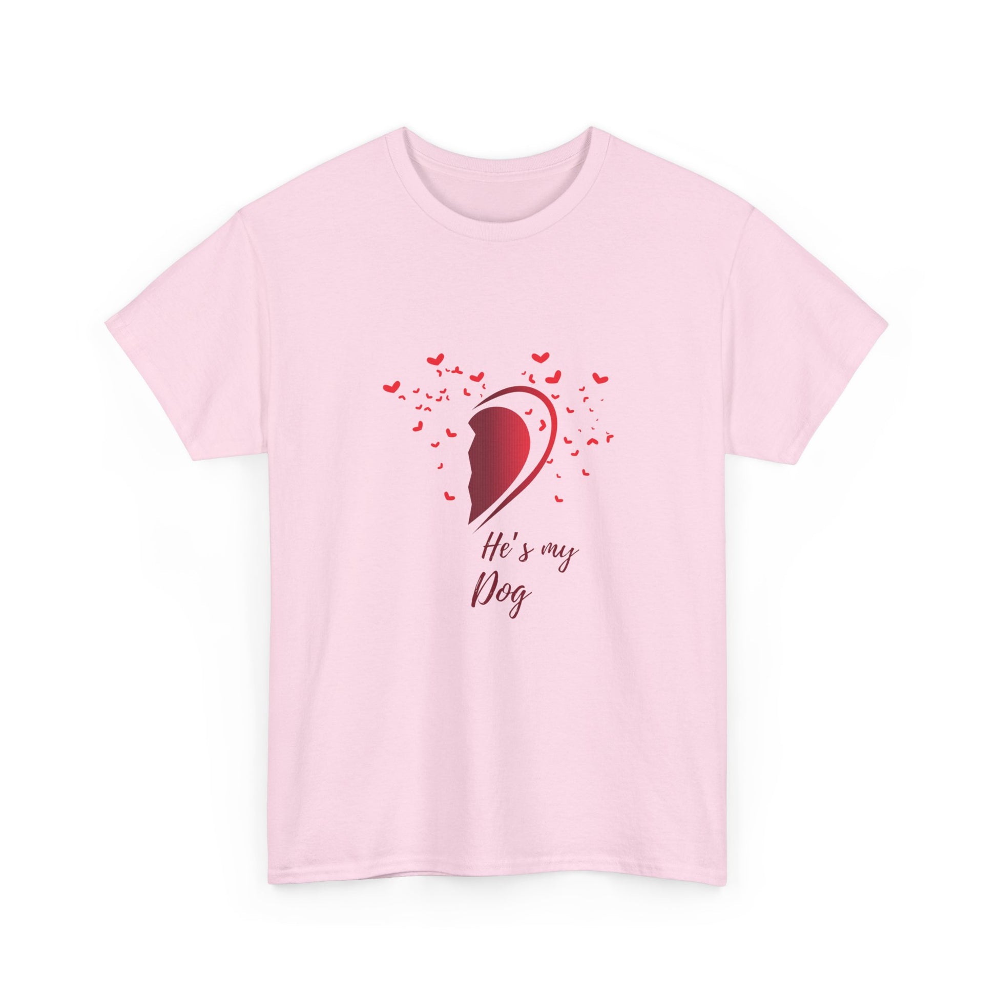 Pink t-shirt with a graphic of a dog's head and text 'He's my dog' on a white background