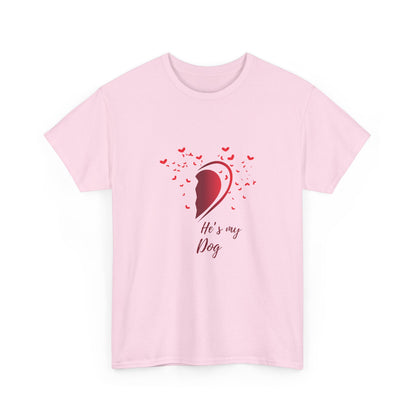 Pink t-shirt with a graphic of a dog's head and text 'He's my dog' on a white background