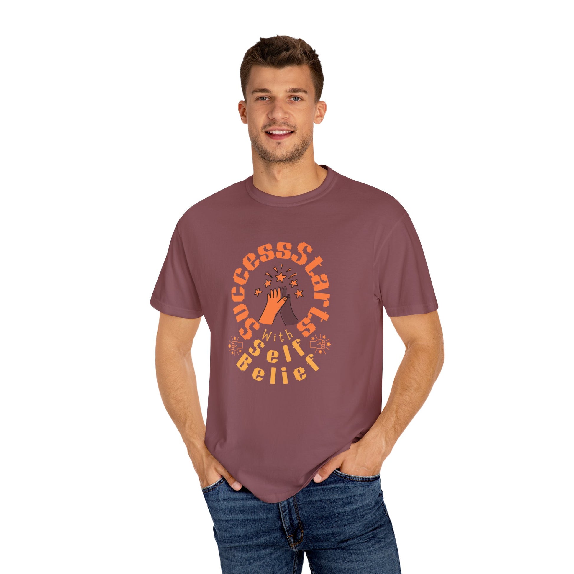 Man wearing a maroon t-shirt with a motivational quote on a white background