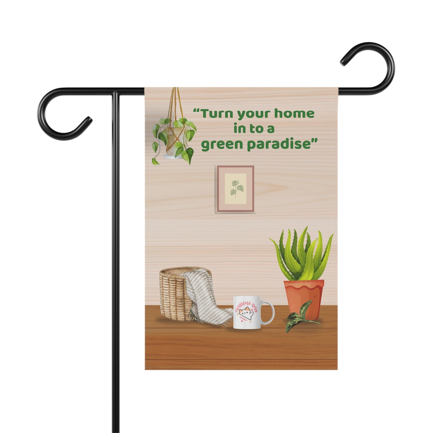 A cozy home interior featuring green indoor plants, a macramé plant hanger, wooden flooring, and nature-inspired decor items, with the Hindi quote “घर को बनाएं एक हरा-भरा स्वर्ग” meaning “Turn your home into a green paradise.”



