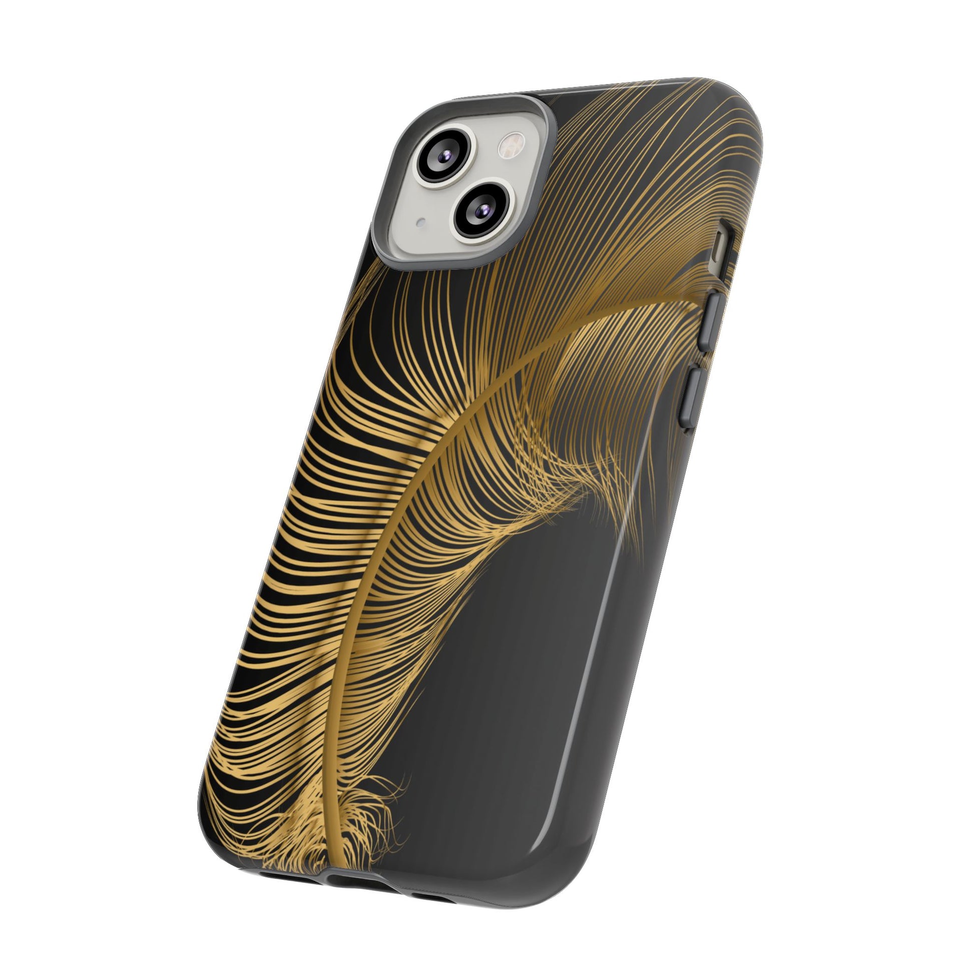 Phone case with gold feather design on black background