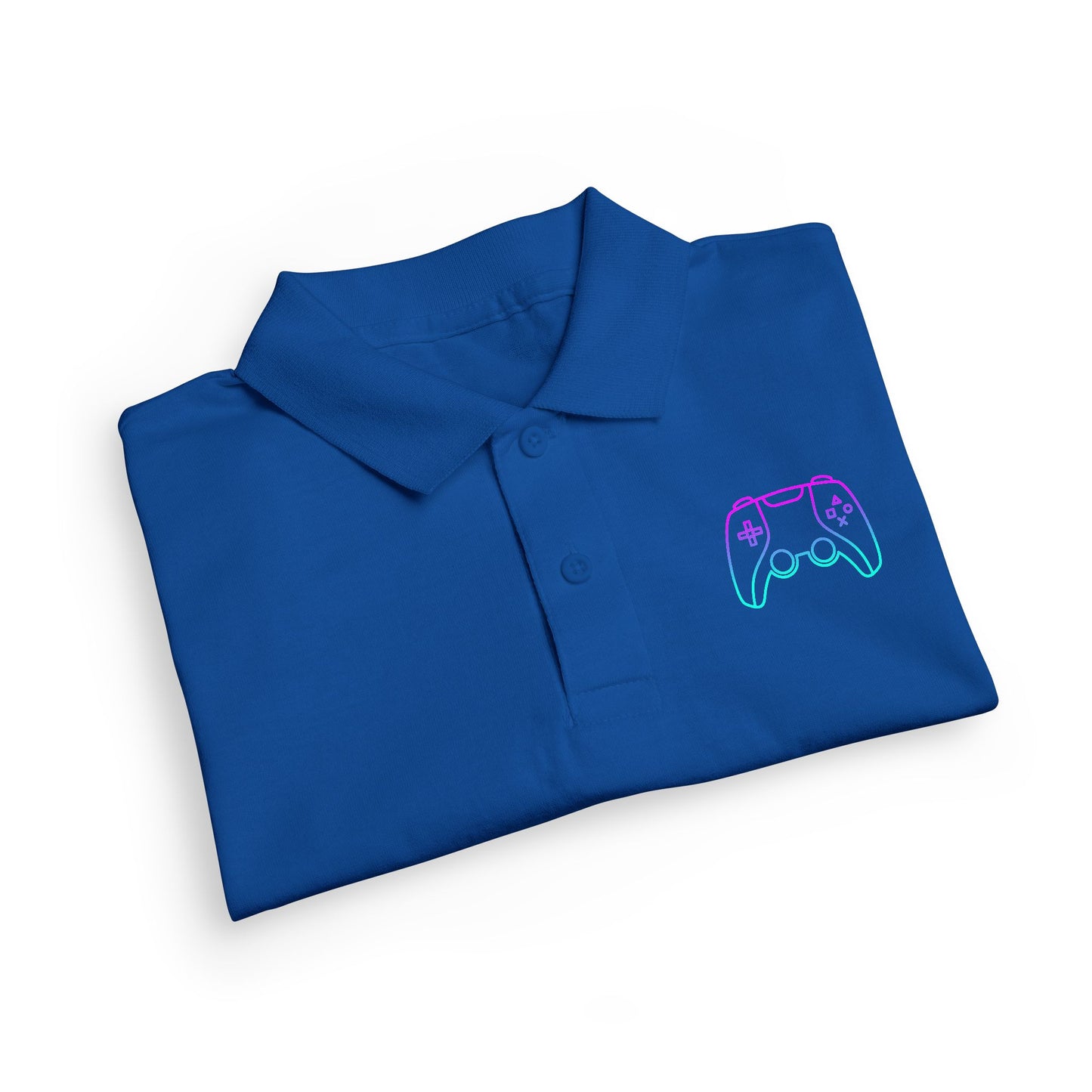 Folded navy blue polo shirt with a logo on a white background