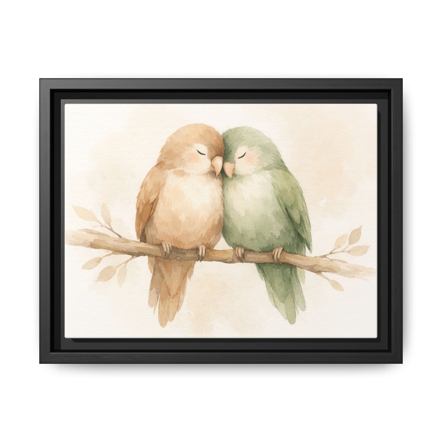 Framed artwork of two birds on a branch with a beige background