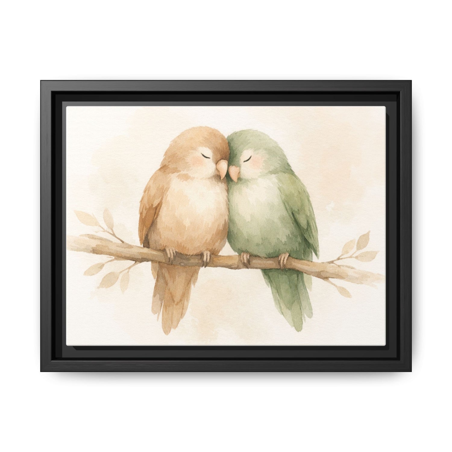 Framed artwork of two birds on a branch with a beige background