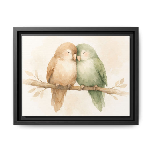 Framed artwork of two birds on a branch with a beige background
