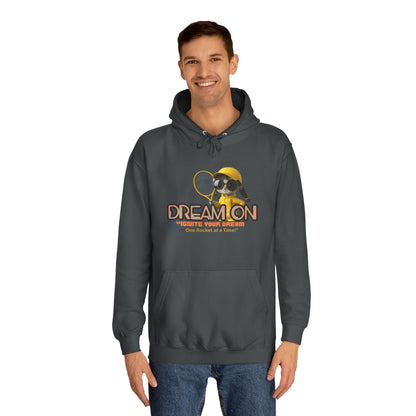 Person wearing a gray hoodie with a graphic design on a white background