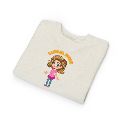 Folded beige sweatshirt with cartoon character and text on a white background
