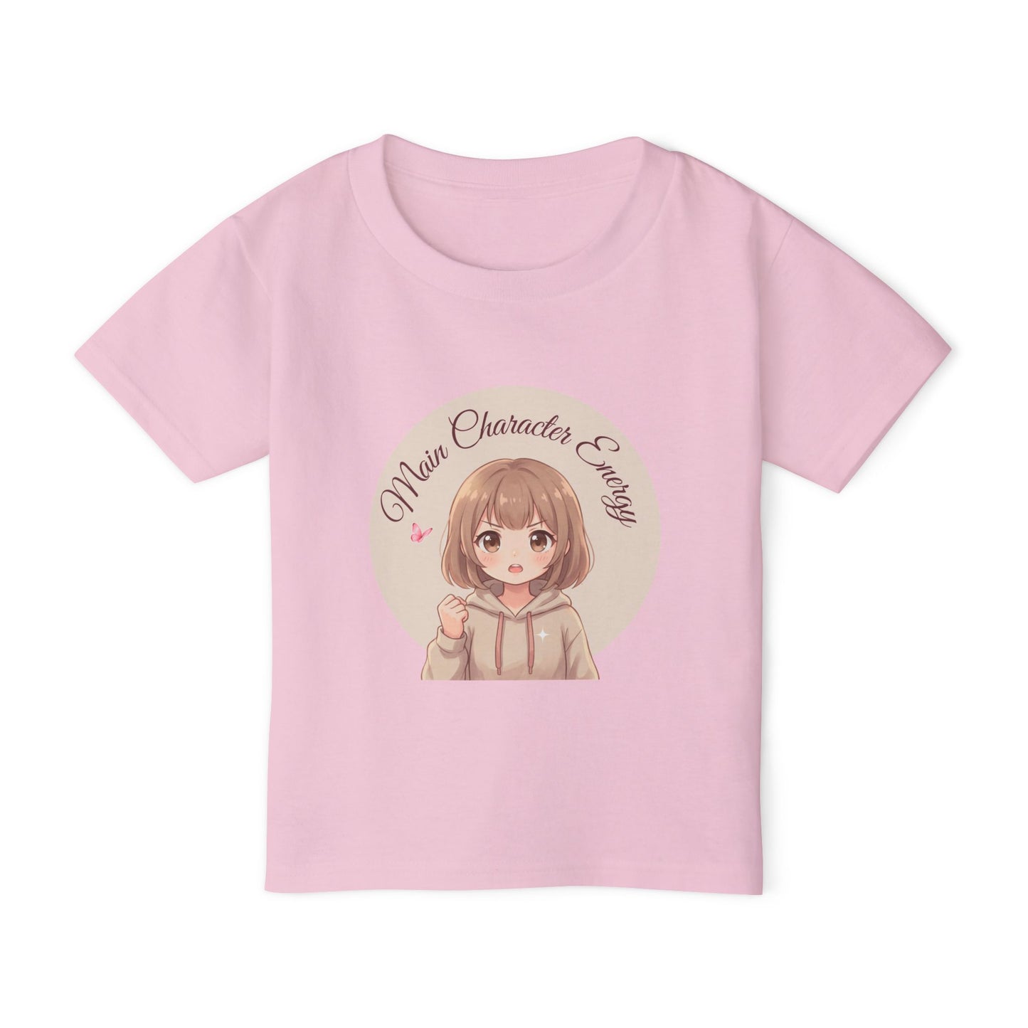 Cute anime girl graphic baby t-shirt with text Main Character Energy, front view."