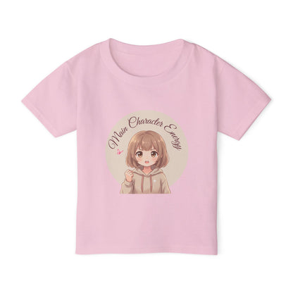 Cute anime girl graphic baby t-shirt with text Main Character Energy, front view."