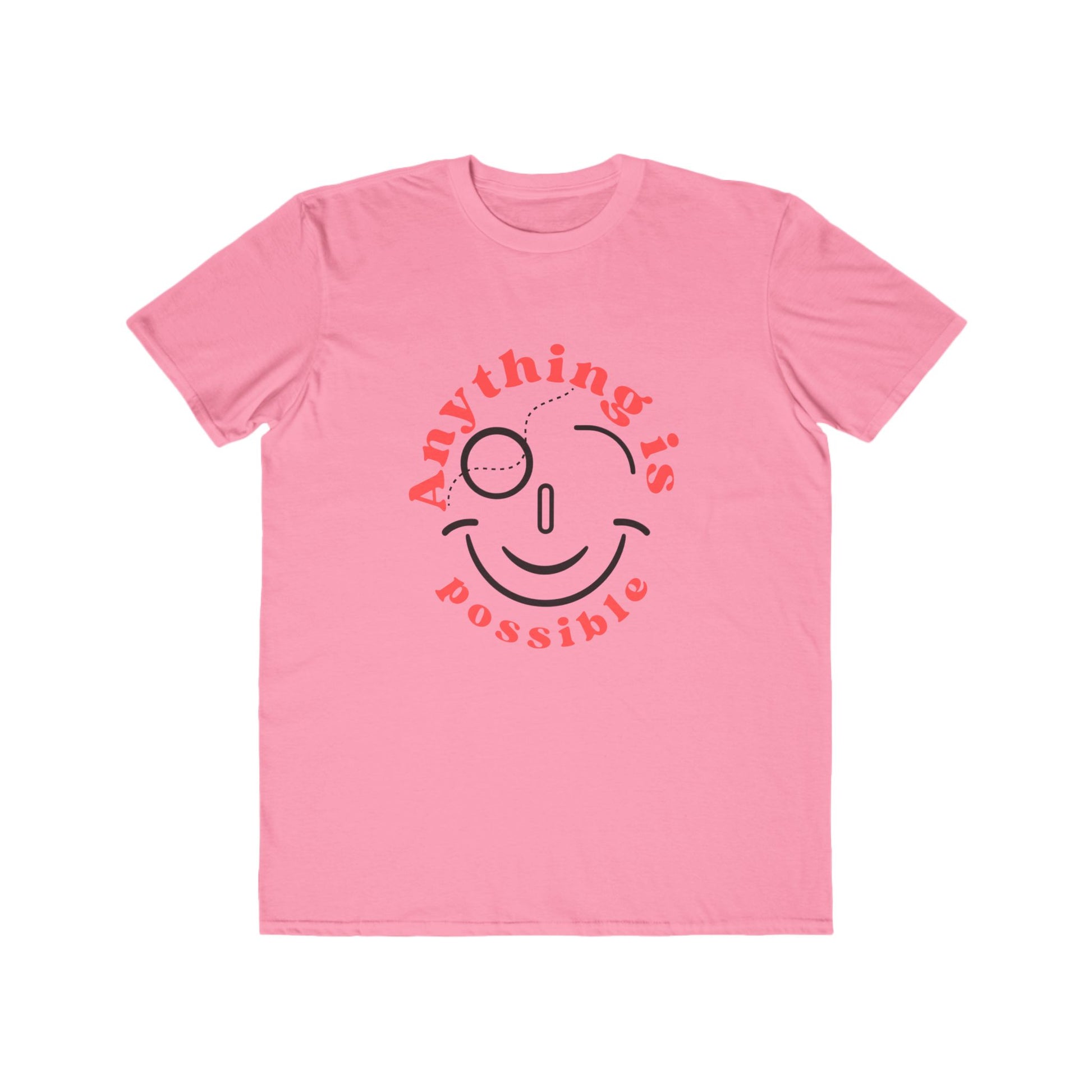 Pink t-shirt with a smiley face and 'Anything is possible' text on a white background