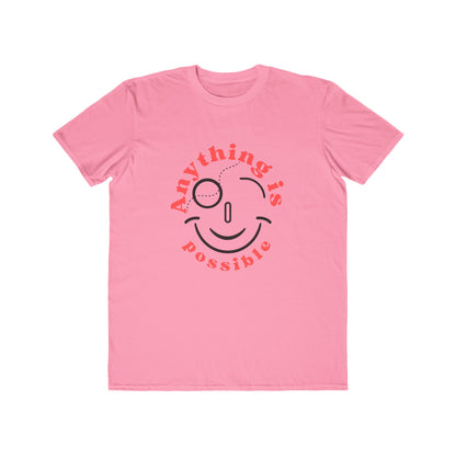 Pink t-shirt with a smiley face and 'Anything is possible' text on a white background