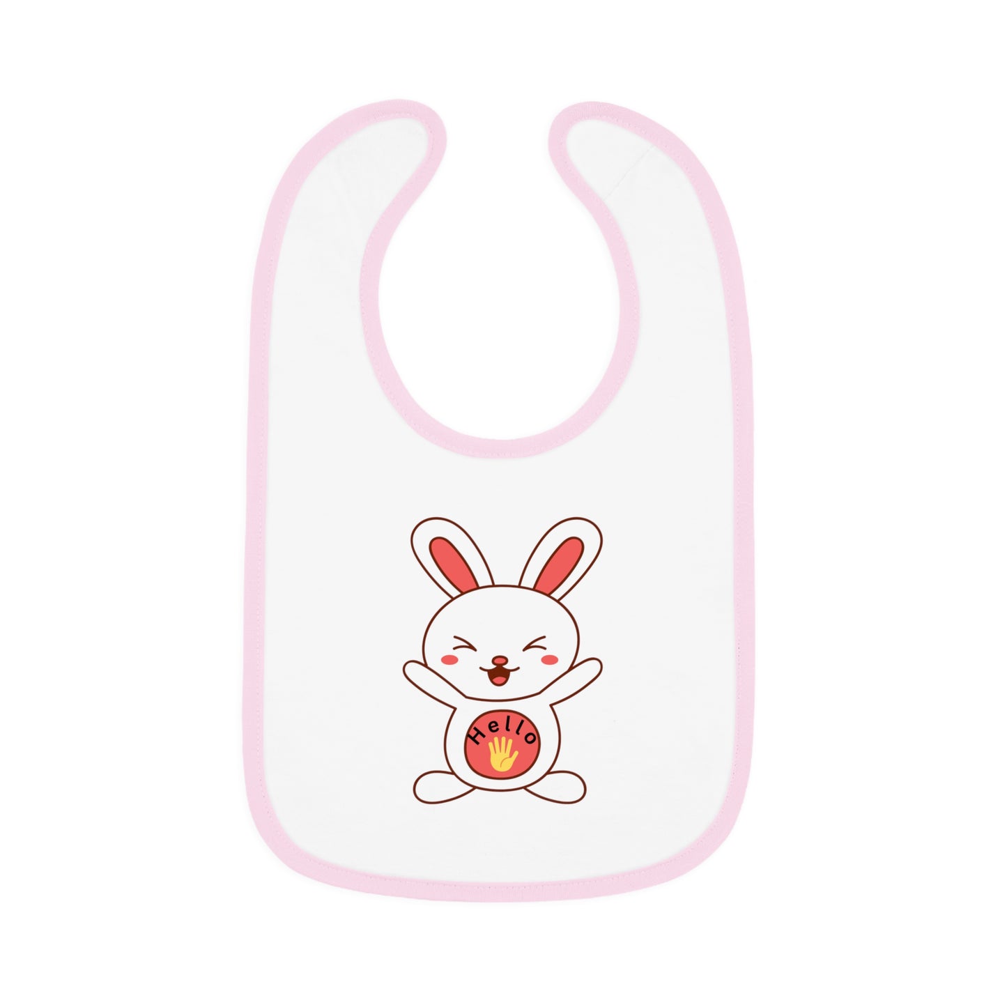 A white baby bib with pink contrast trim and a centered graphic of a smiling cartoon rabbit holding a round object.