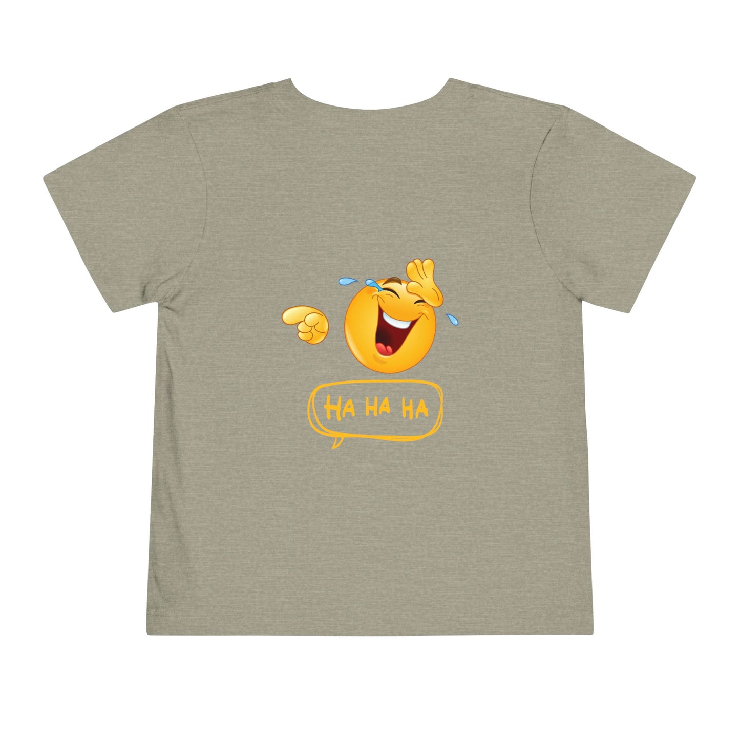 Gray t-shirt with a laughing emoji design on the back.