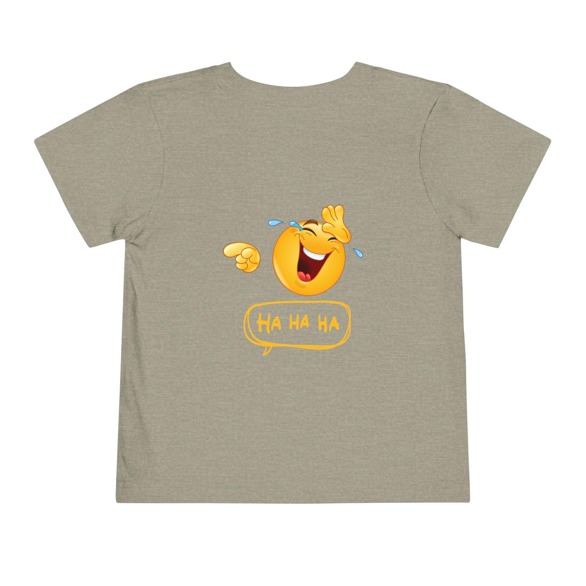Gray t-shirt with a laughing emoji design on the back.