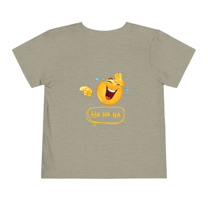 Gray t-shirt with a laughing emoji design on the back.