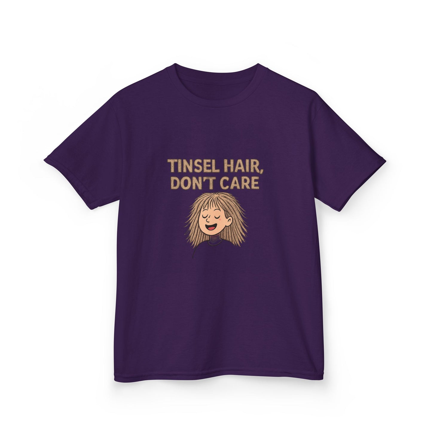 Purple t-shirt with 'Tinsel Hair, Don't Care' text and graphic on a white background