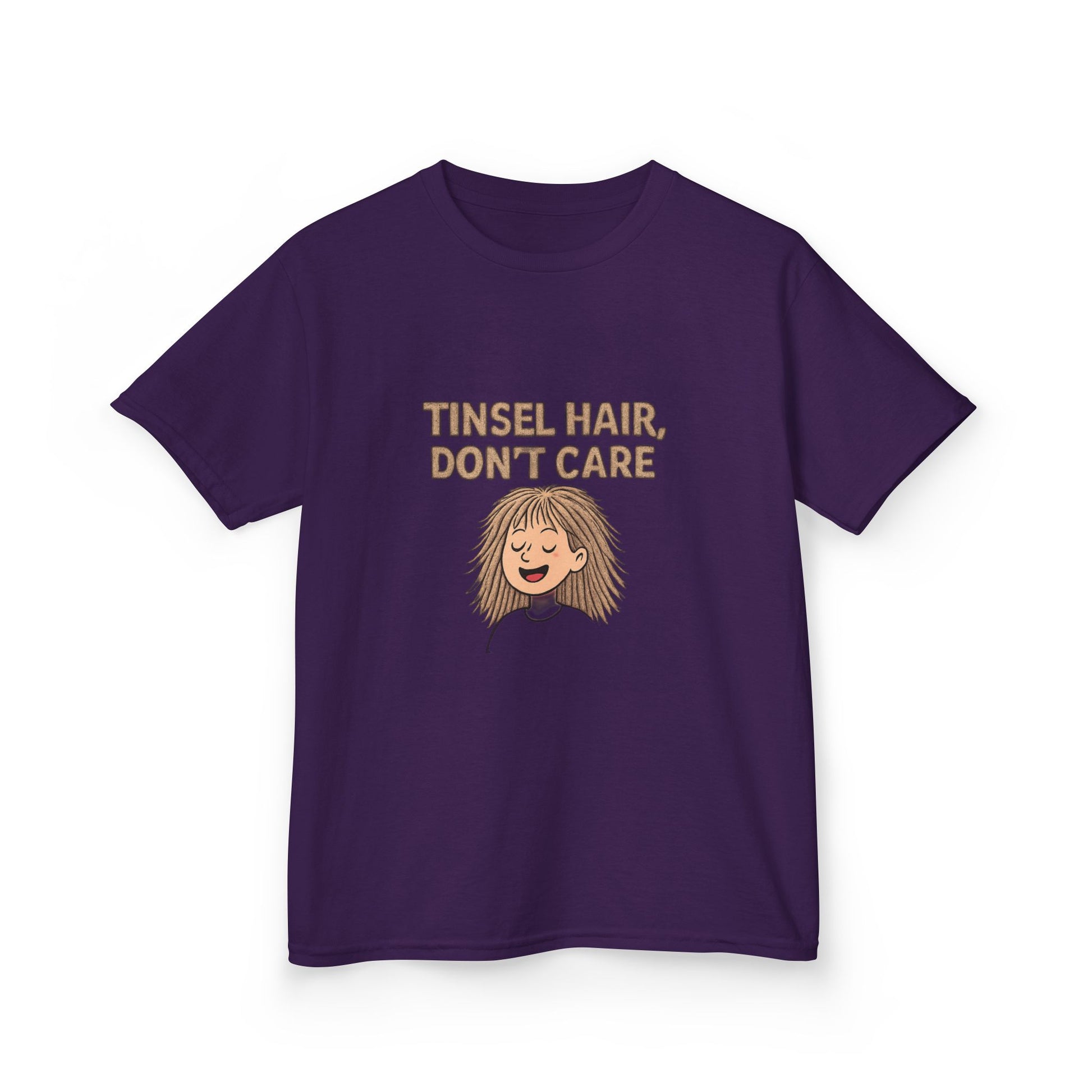 Purple t-shirt with 'Tinsel Hair, Don't Care' text and graphic on a white background