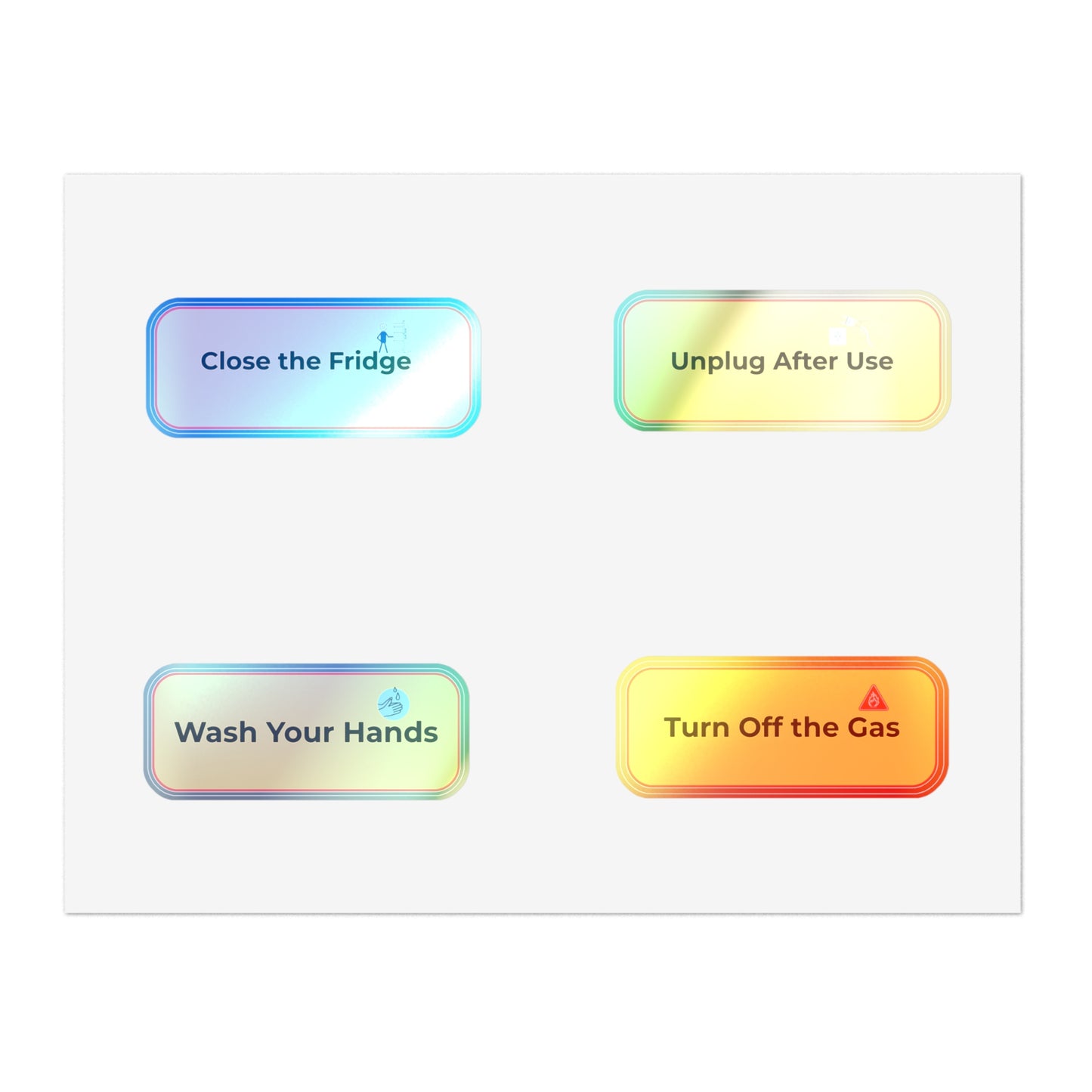 Four colorful rectangular buttons with safety instructions on a white background