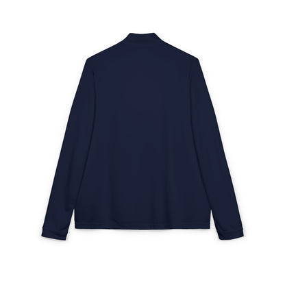 Full view of Collegiate Navy Adidas Quarter-Zip jacket featuring custom minimalist embroidery on the left chest."
