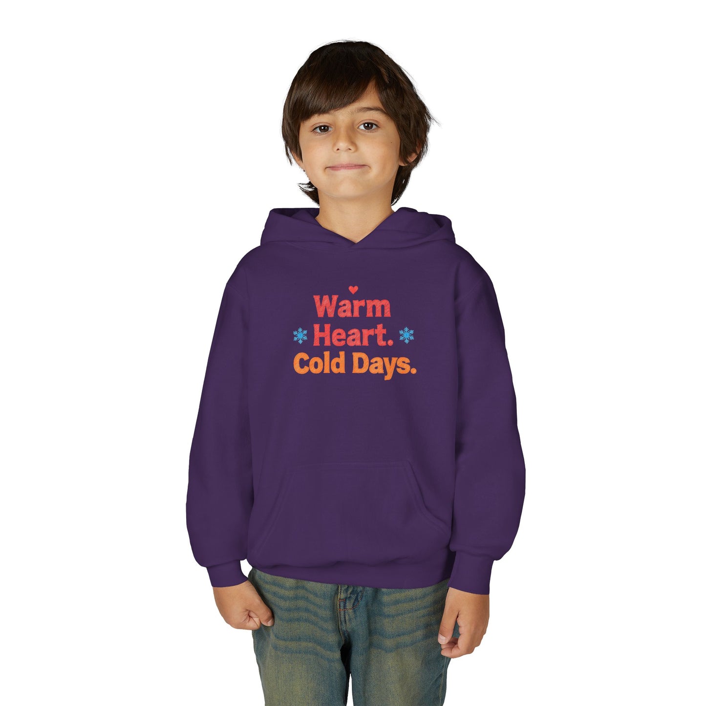 Child wearing a purple hoodie with text on a white background