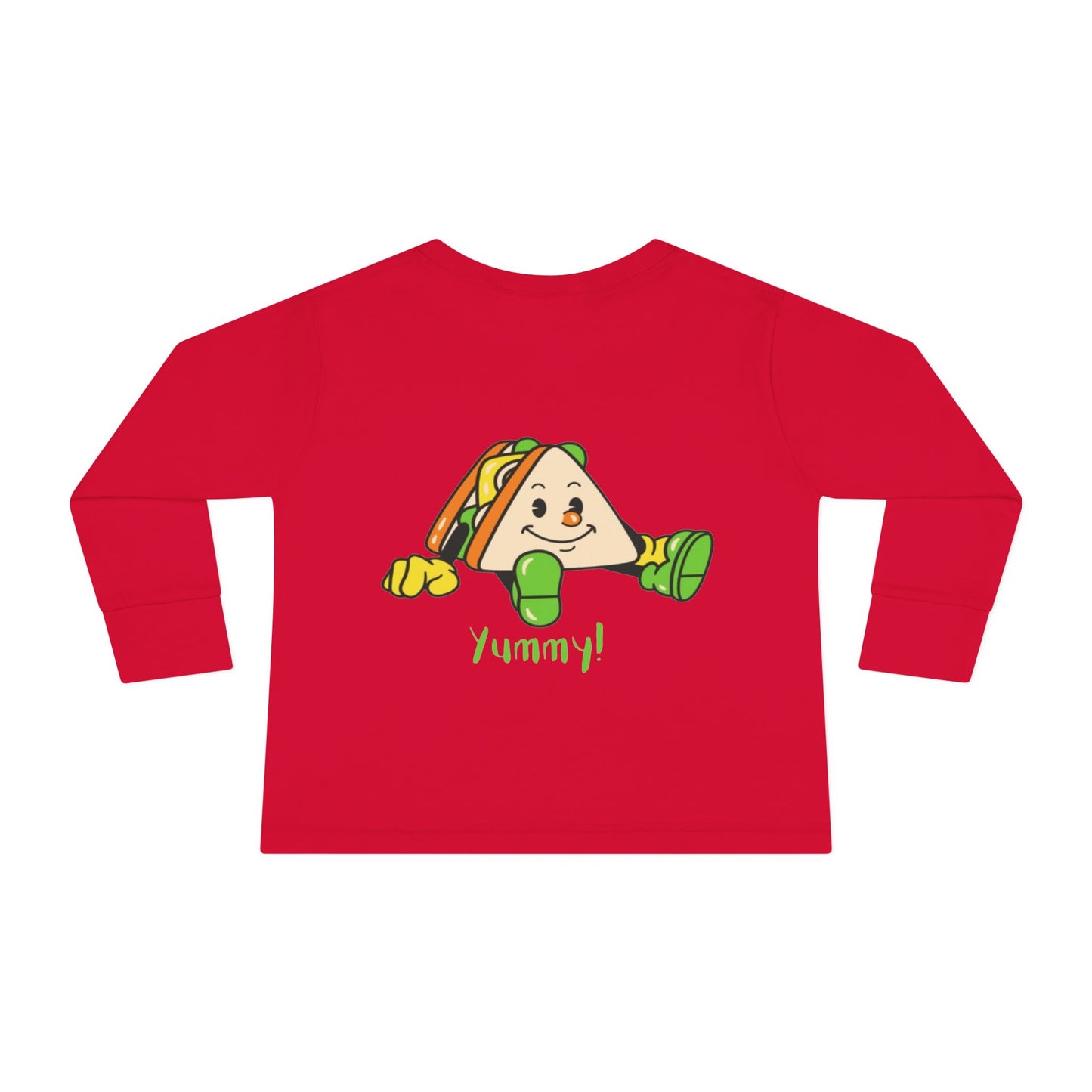 Red long-sleeve shirt with a cartoon taco and 'Yummy!' text on a white background