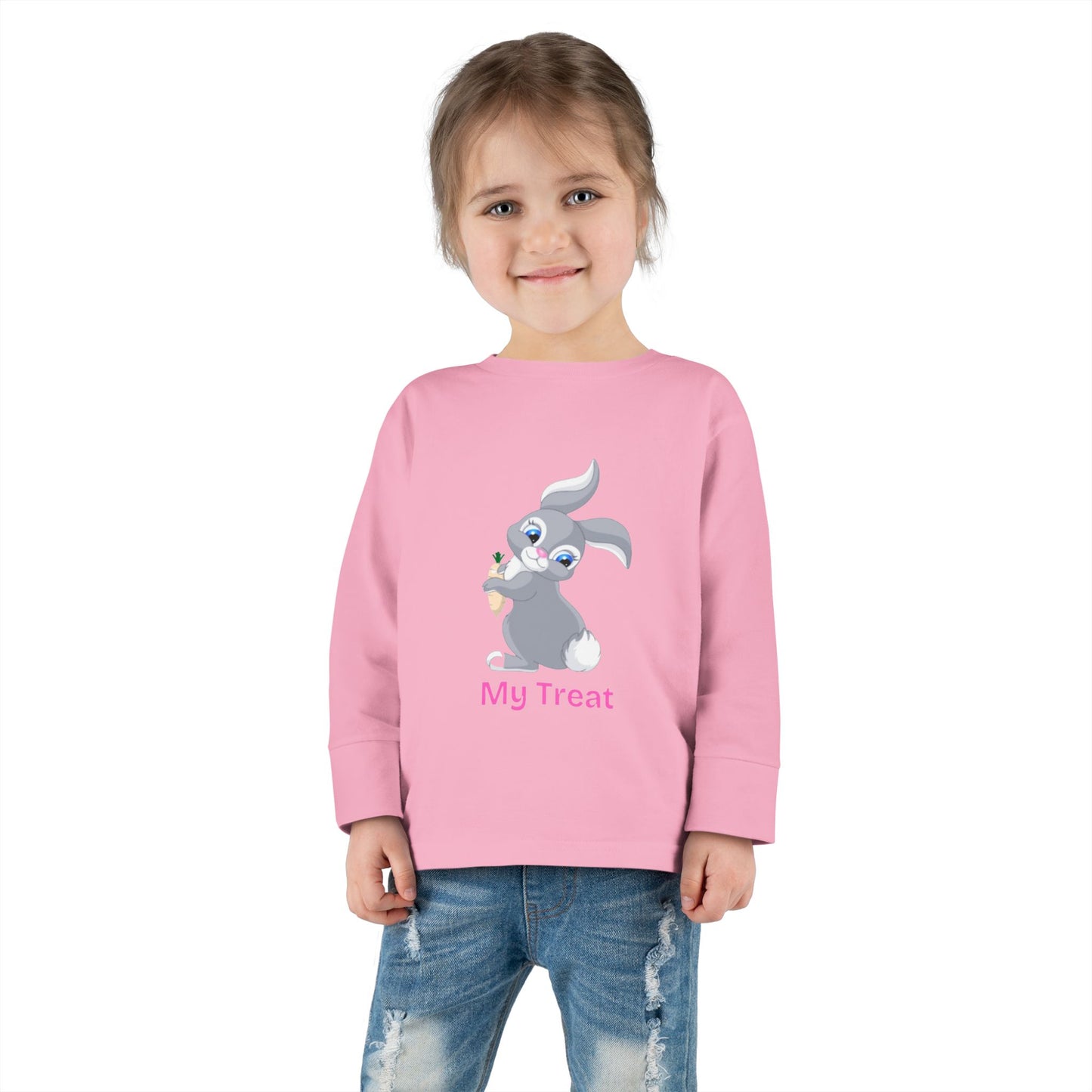 Child wearing a pink sweatshirt with a cartoon bunny design on a white background