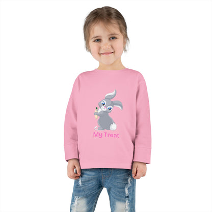 Child wearing a pink sweatshirt with a cartoon bunny design on a white background