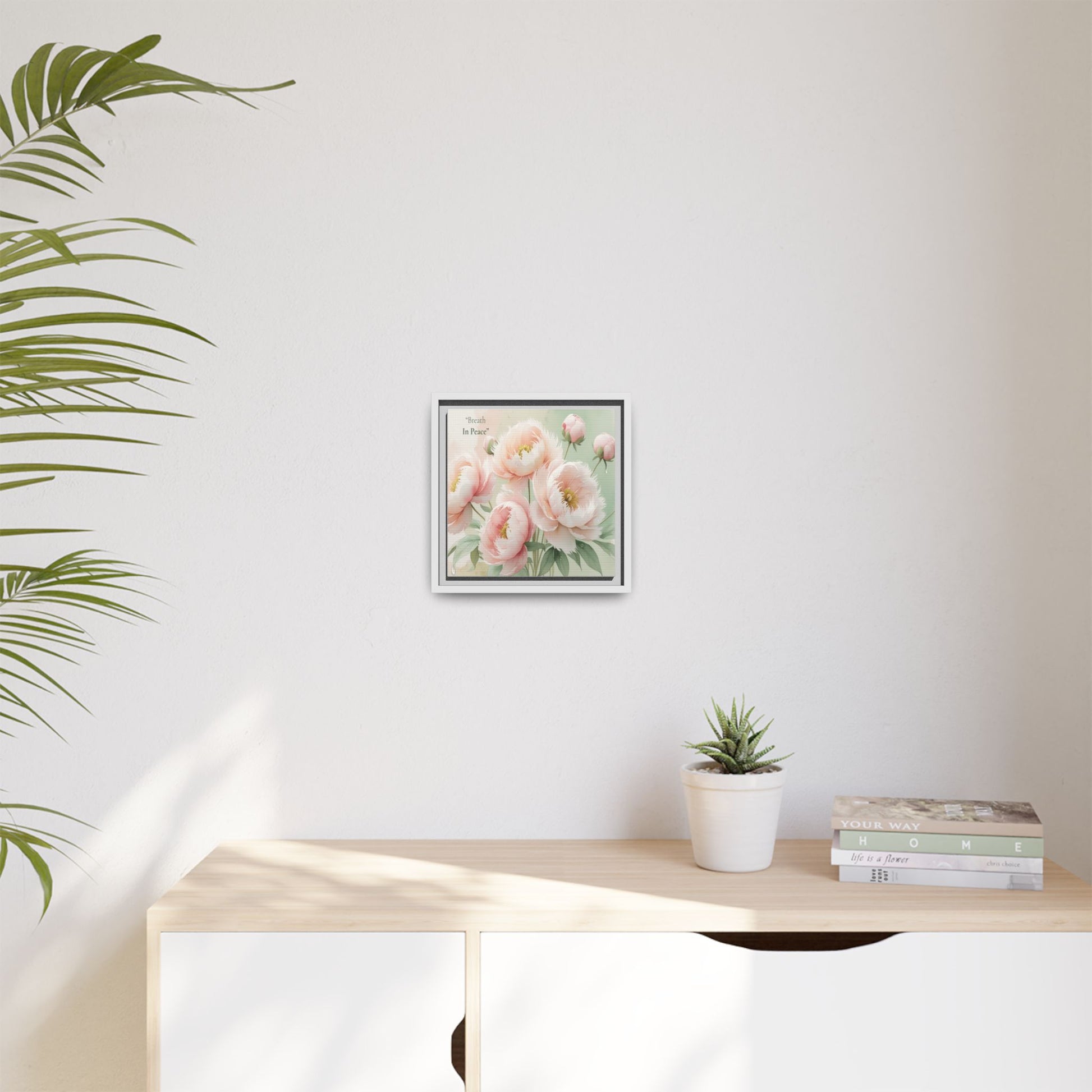 soft bloom pink flowers framed matte canvas. the delicate floral artwork bring fresh and soothing aesthetic