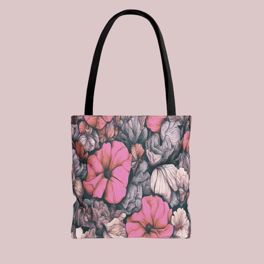 Stylish tote bag featuring vibrant pink  floral pattern, ideal for casual outings."