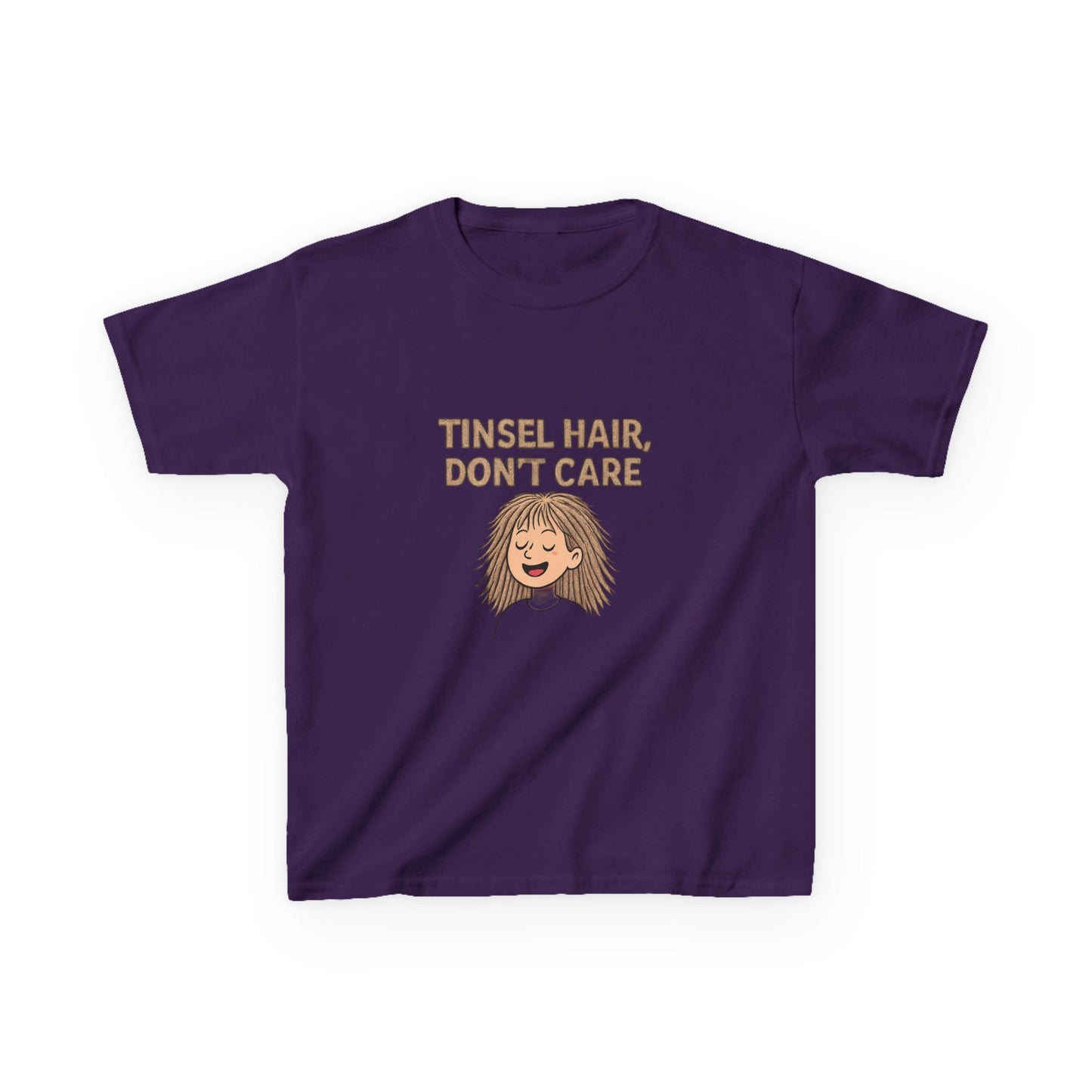 Purple t-shirt with 'Tinsel Hair, Don't Care' text and cartoon character on a white background