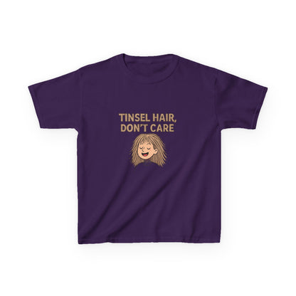 Purple t-shirt with 'Tinsel Hair, Don't Care' text and cartoon character on a white background