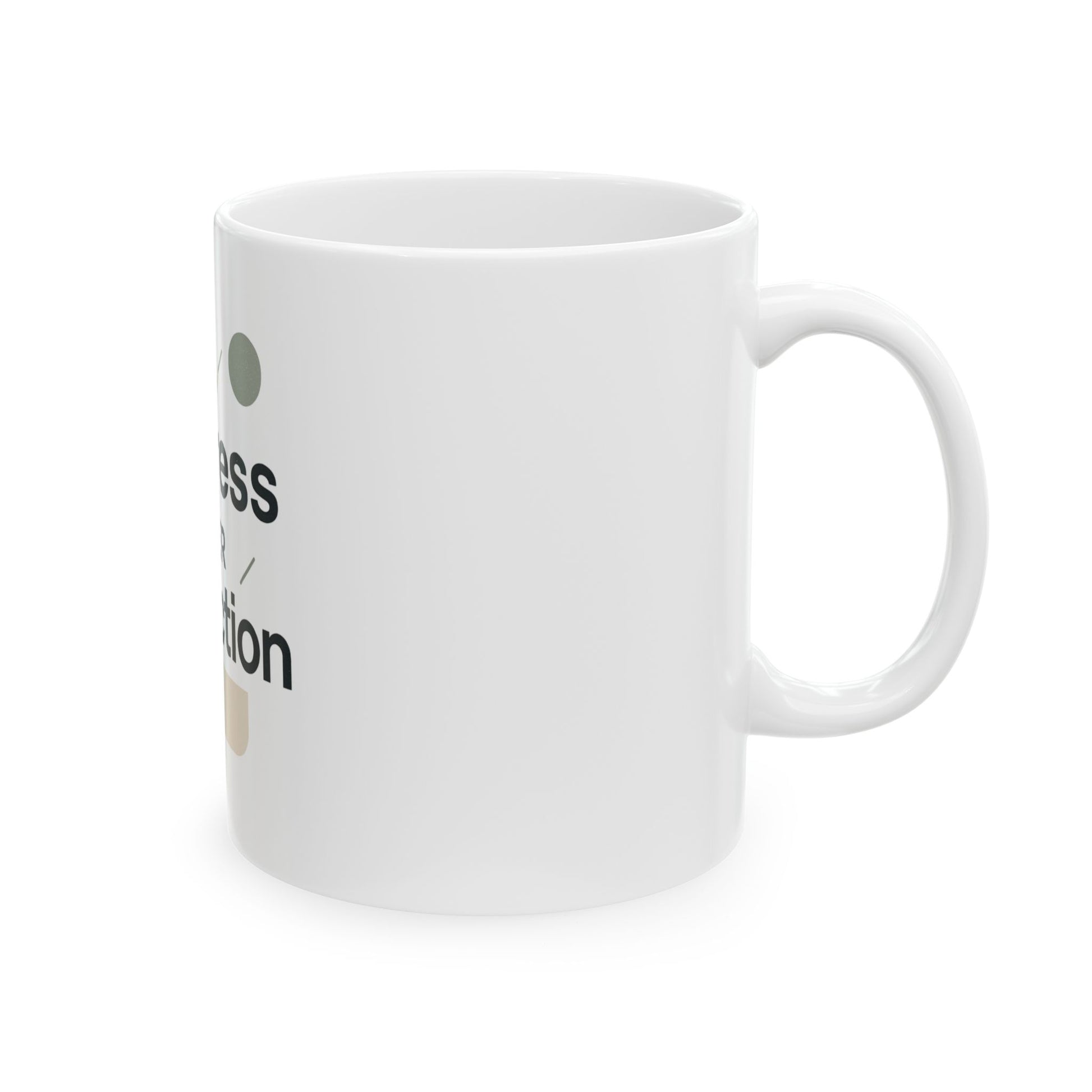 White mug with text and a small graphic on a white background